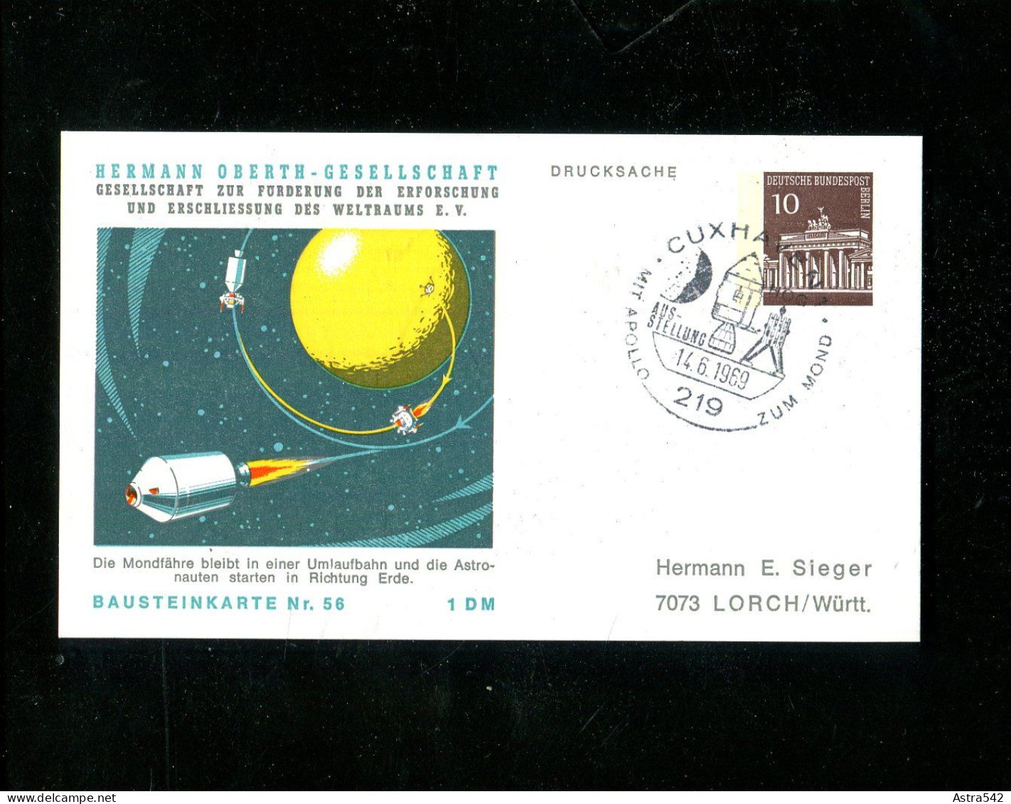 "BERLIN" 1969, Privatpostkarte "H.Oberth Gesellschaft" Bausteinkarte Nr. 56, SSt. "Cuxhaven" (15470) - Cartes Postales Privées - Oblitérées