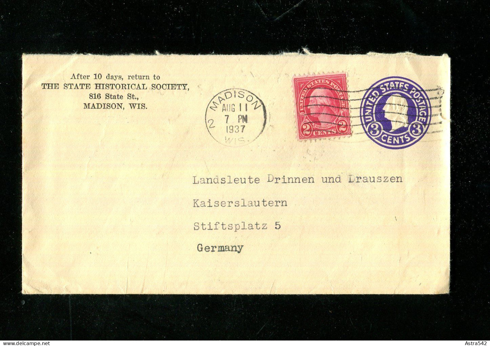 "USA" 1937, Ganzsachenumschlag Mit Zusatzfrankatur Ex Madison Nach Deutschland (15491) - 1921-40
