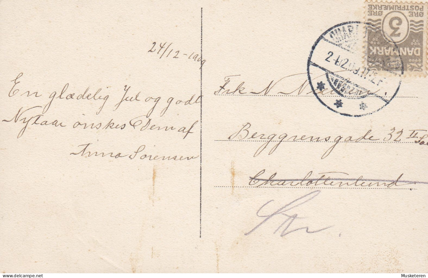 Denmark PPC Glædelig Jul Brotype Ia CHARLOTTENLUND (SCARCE Cds.) 1909 Locally Sent REadressed KJØBENHAVN STR. In Pencil - Brieven En Documenten