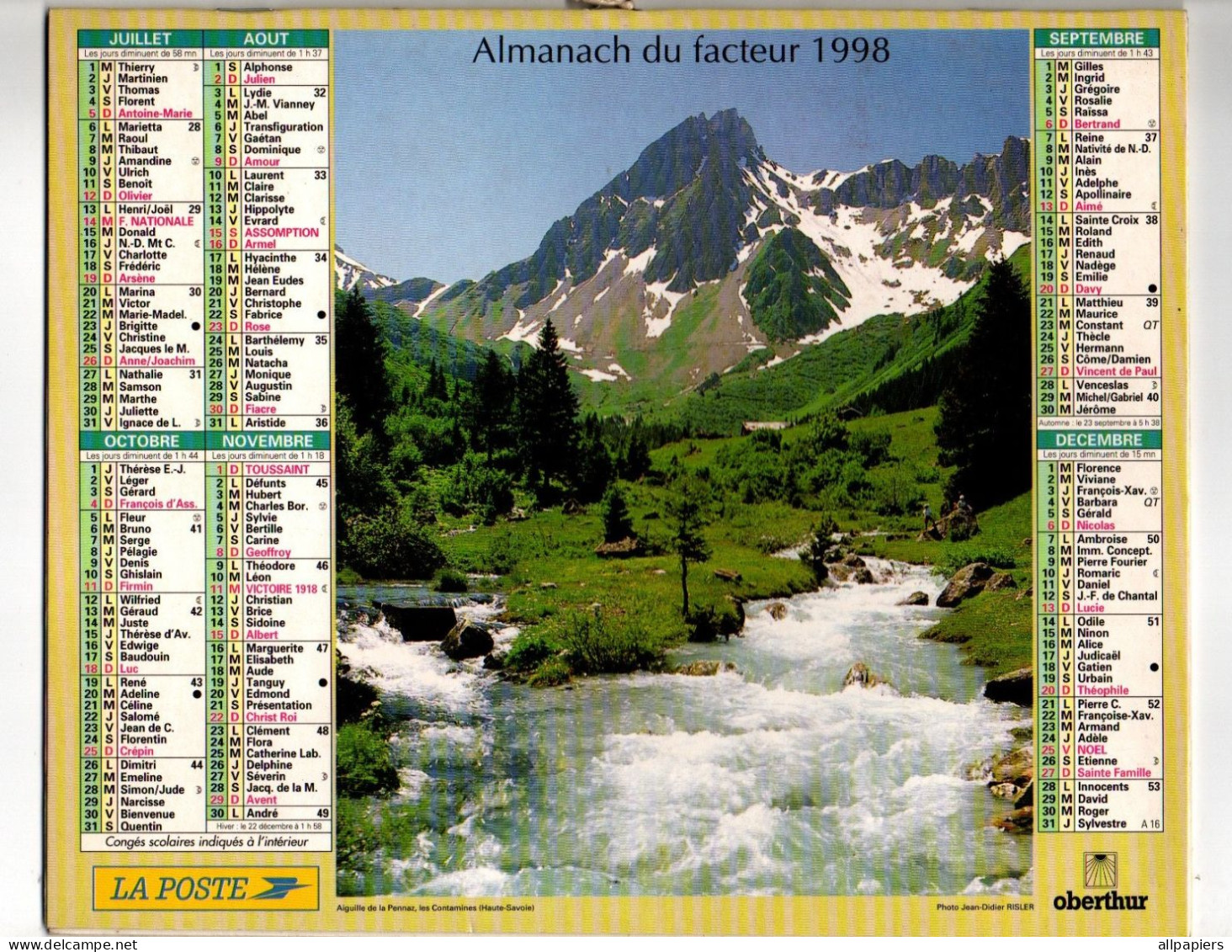 Almanach Des P.T.T. 1998 Aiguille De La Pennaz Et La Roque Gageac - Complet Région Nord - Grand Format : 1991-00