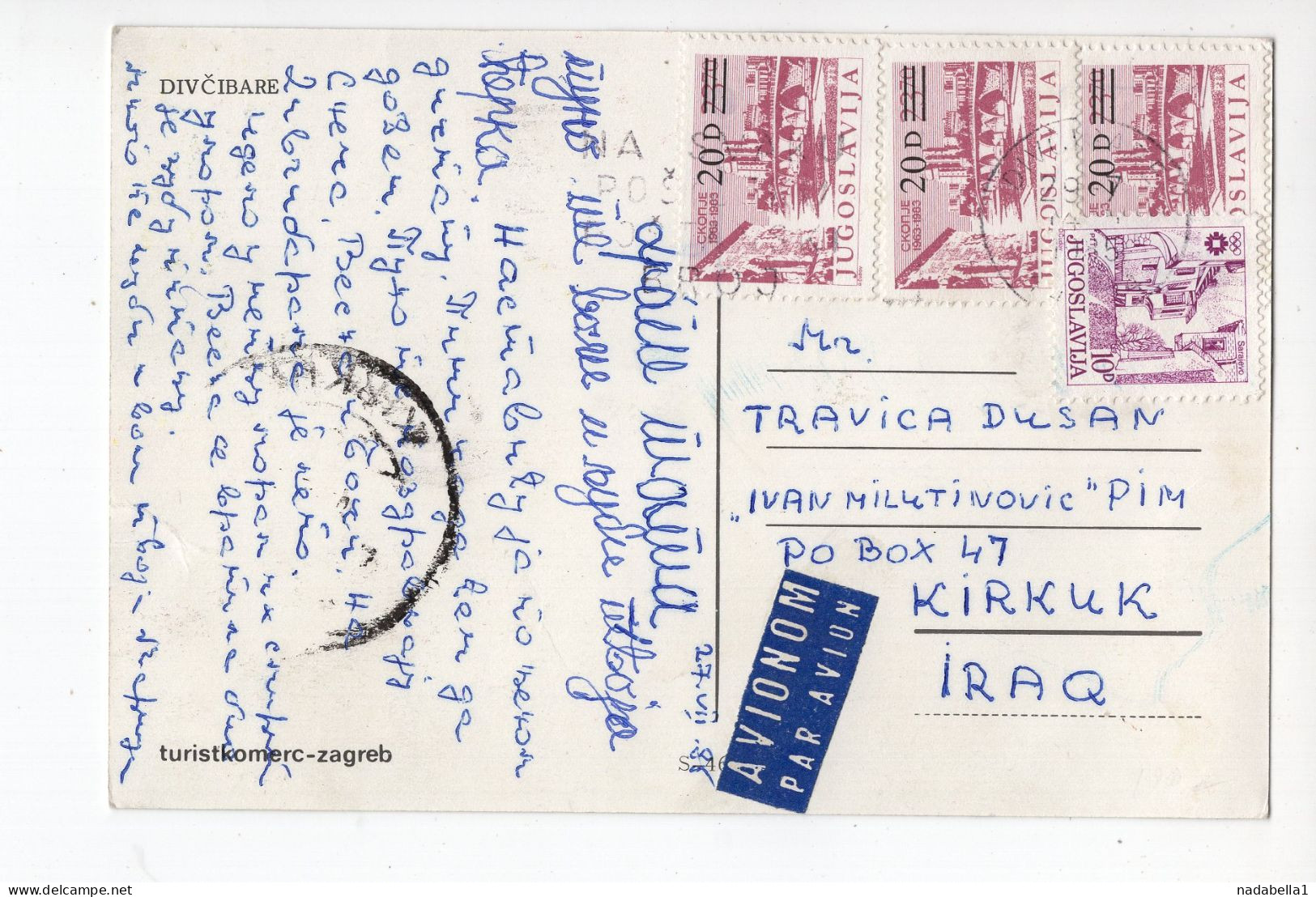 1986. YUGOSLAVIA,SERBIA,DIVCIBARE TO KIRKUK,IRAQ,AIRMAIL,POSTCARD,USED - Aéreo