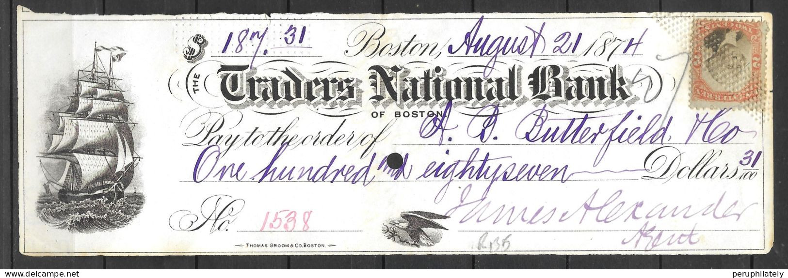 US 1874 Traders National Bank Of Boston Check With Revenue - Chèques & Chèques De Voyage