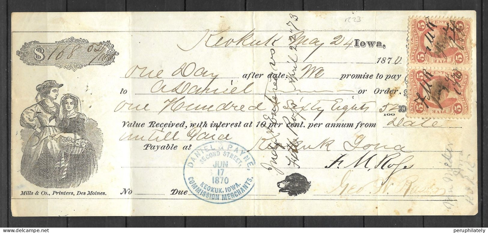 US 1870 Keokuk Iowa Check With Revenues - Chèques & Chèques De Voyage