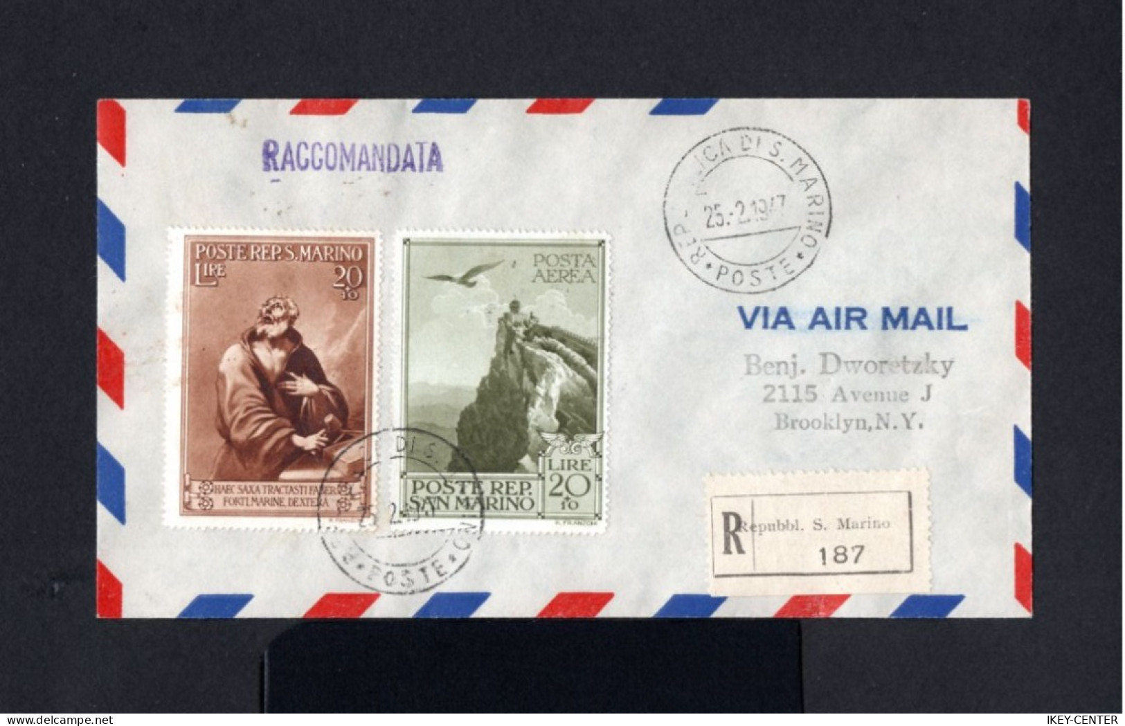 S3838-SAN MARINO-.REGISTERED COVER SAINT MARIN To BROOKLYN (usa).1947.WWII.ENVELOPPE RECOMMANDE. - Briefe U. Dokumente