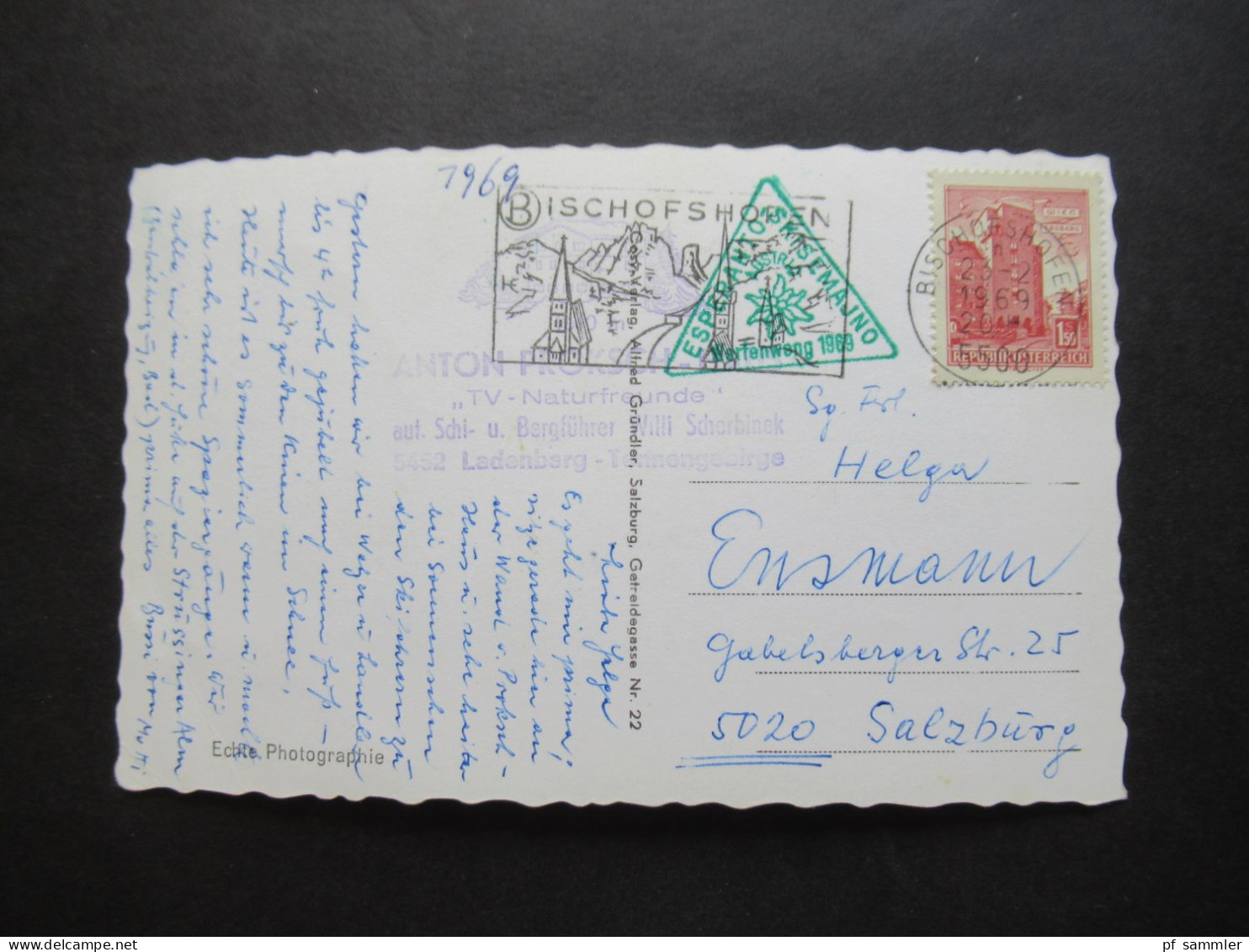 Österreich 1969 Echtfoto AK (3 Stk.) mit grünem Dreieckstempel Skisemajna Esperanto Werfenweng 1969