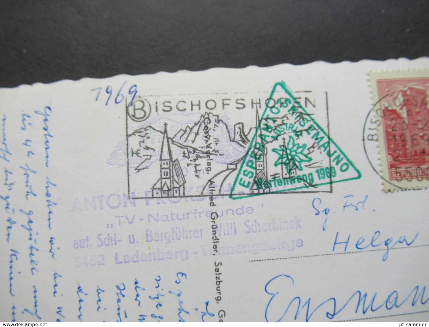 Österreich 1969 Echtfoto AK (3 Stk.) mit grünem Dreieckstempel Skisemajna Esperanto Werfenweng 1969