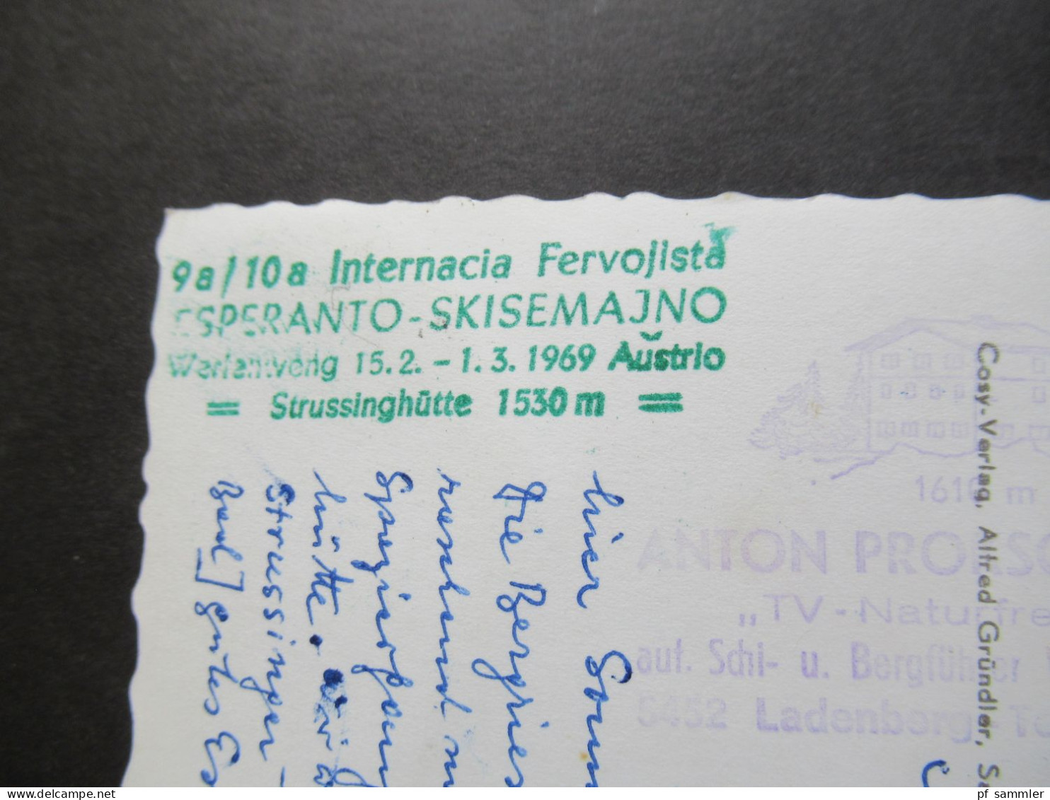 Österreich 1969 Echtfoto AK (3 Stk.) mit grünem Dreieckstempel Skisemajna Esperanto Werfenweng 1969