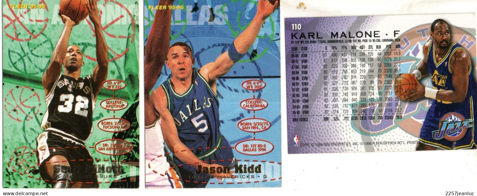 3 Cartes  Panini * Basket Ball Fleer 96/97 * Jason Kidd *.Sean Elliott  * Karl Malone - Basketball