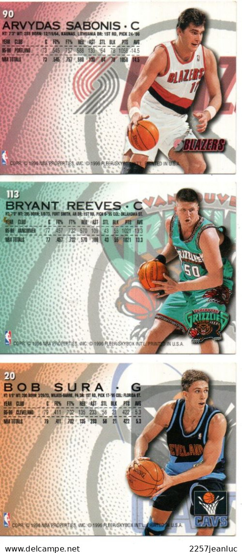 3 Cartes  Panini * Basket Ball Fleer 96/97 * Bryant Grizzlies * Bob Cavaliers & Arvydas Trail Blazers - Baloncesto