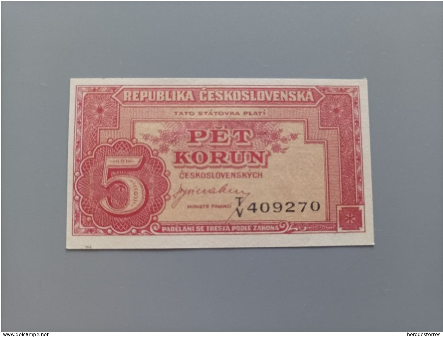 Billete De Checoslovaquia De 5 Korun, Año 1945, UNC - Tchécoslovaquie