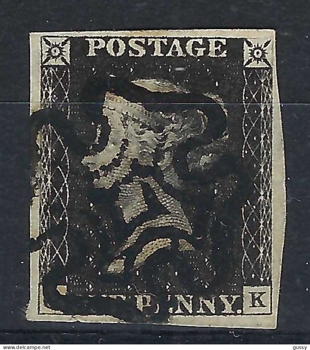 GRANDE BRETAGNE Ca.1840: Le "penny Black" Y&T 1, Lettres "QK", Pl.3, TB Obl. Croix De Malte, Très Forte Cote - Gebraucht