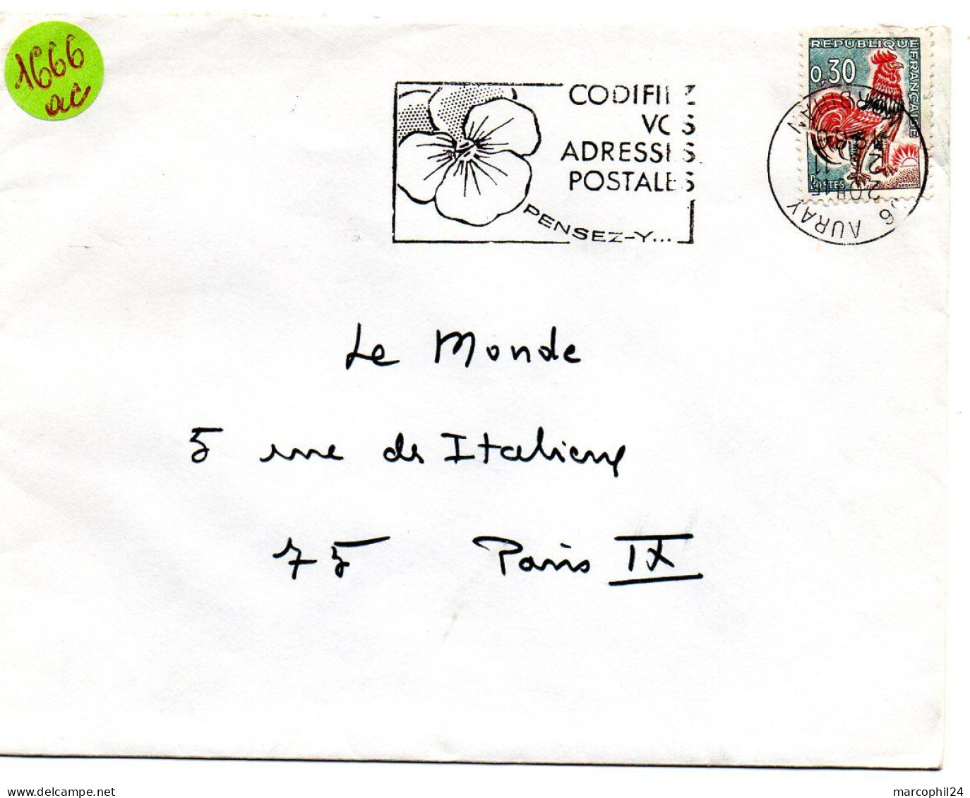 MORBIHAN - Dépt N° 56 = AURAY 1966 (BD Inversé) = FLAMME Codée =  SECAP Multiple ' PENSEZ + CODIFIEZ' = Pensée N° 1 - Zipcode