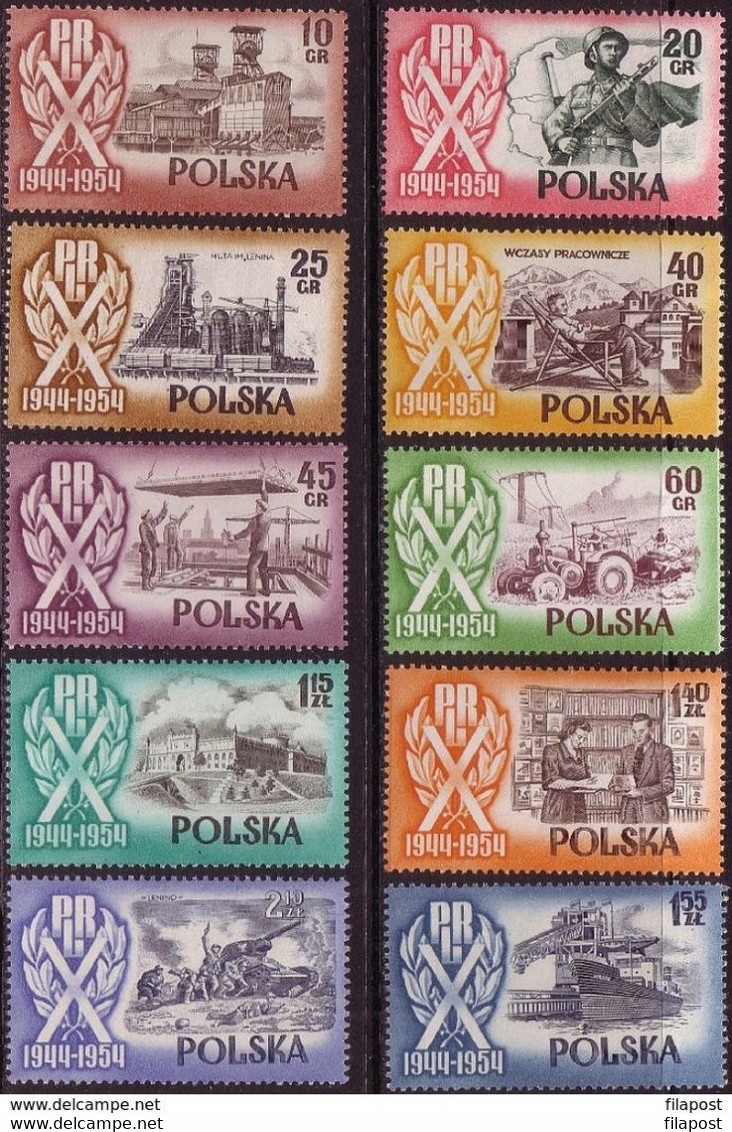 1954, Poland, Mi 889 - 96,10 Years Of The Polish People's Republic, Ironworks, Tractor, Soldier, Tank, Port, Mount MNH** - Usines & Industries