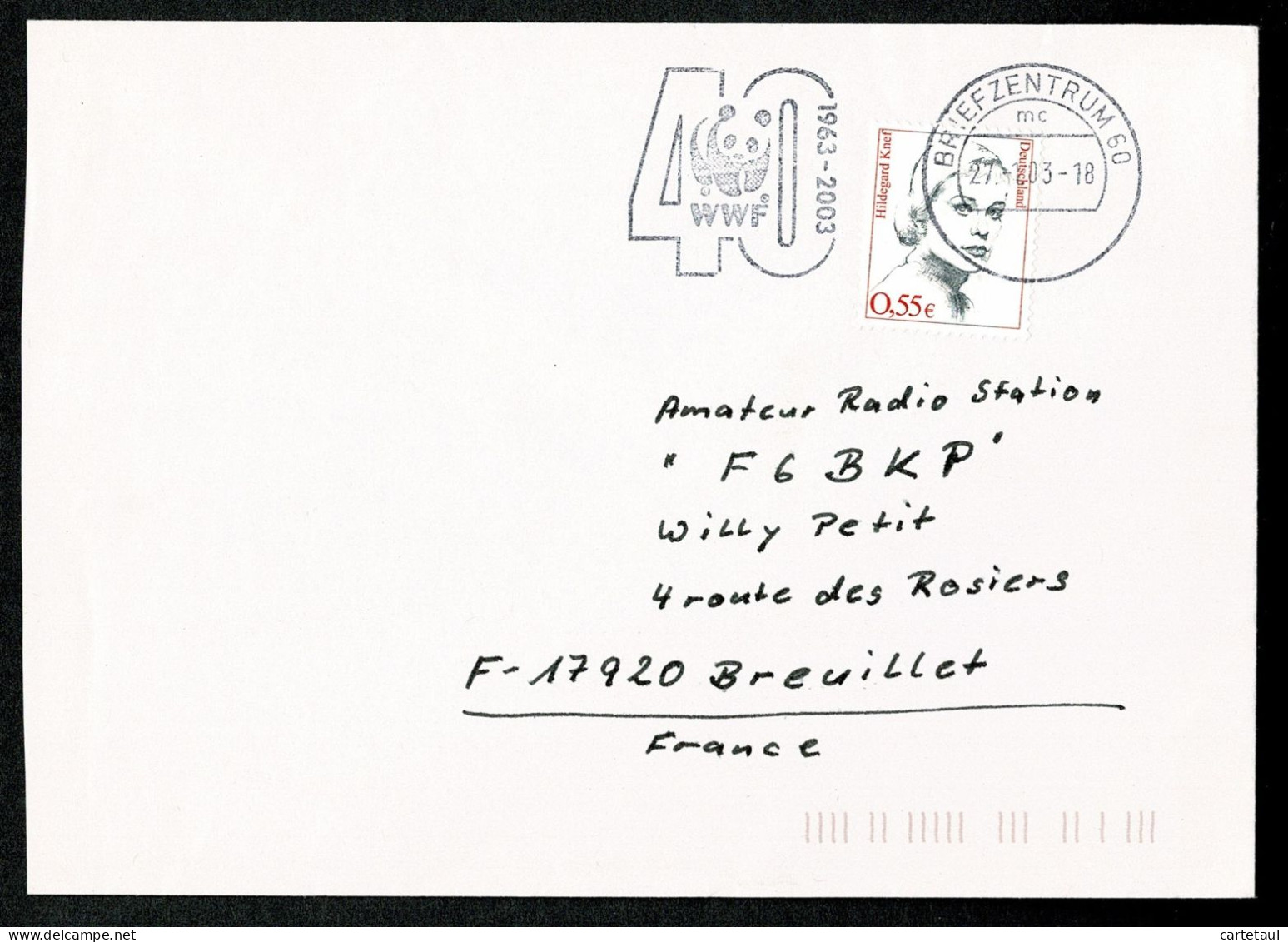 ALLEMAGNE Lettre Pour France 27.1.03 Oblitération Flamme 40è Anniversaire WWF Panda 1963-2003 + Indexations TTB - Briefe U. Dokumente