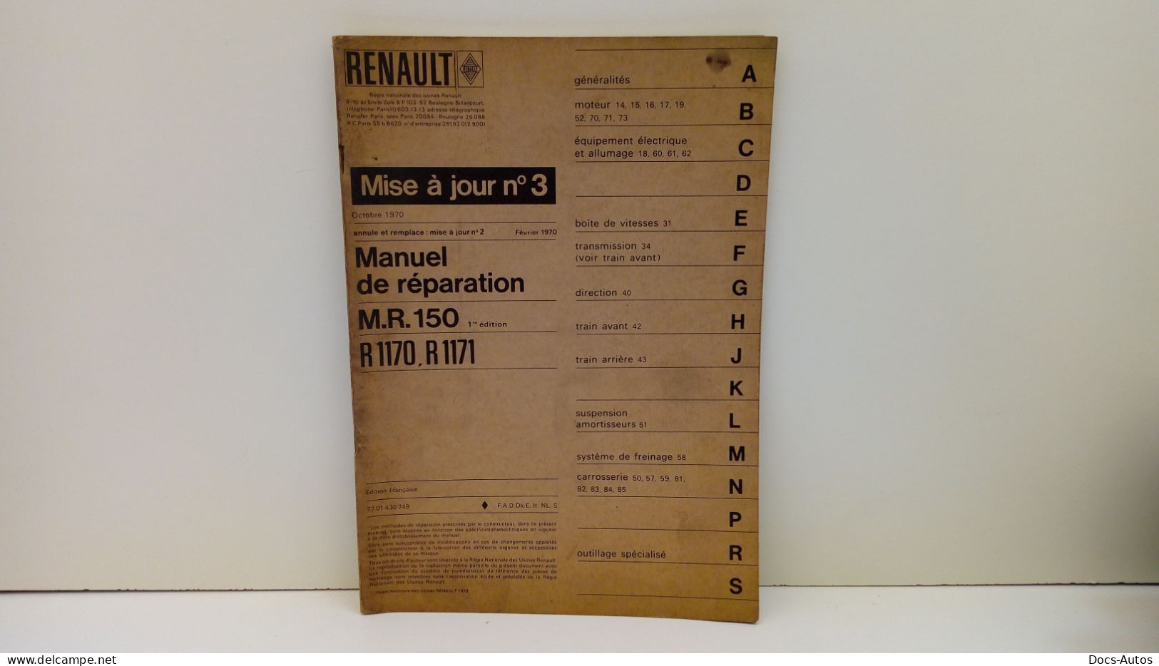 Mise à Jour Manuel De Reparation MR 150 De Octobre 70 Renault 12 - Auto