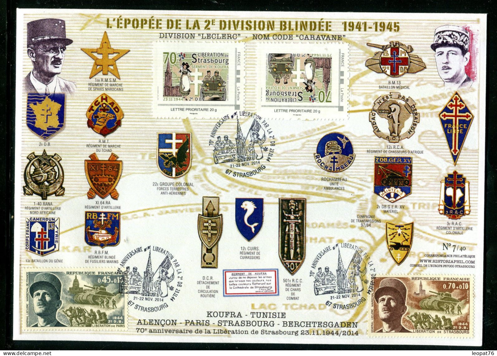 Adhésifs  20g  - 2 Exemplaires Dont Tête Bêche Sur Enveloppe Épopée 2ème DB  - Tirage Limité  ( 40 Ex. )  - Réf J 17 - Militaria