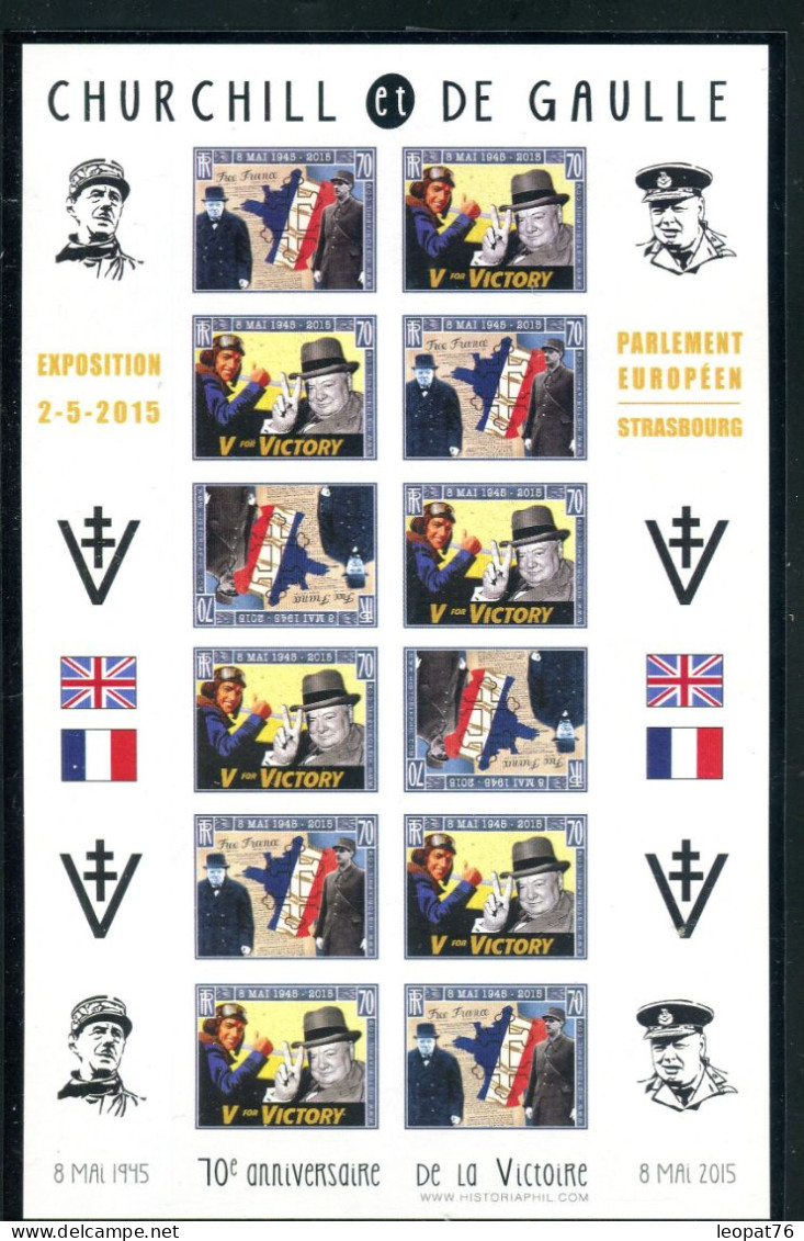 Feuillet De 12 Vignettes Non Dentelés  De Gaulle Et Sir Winston Churchill - Réf J 26 - De Gaulle (General)