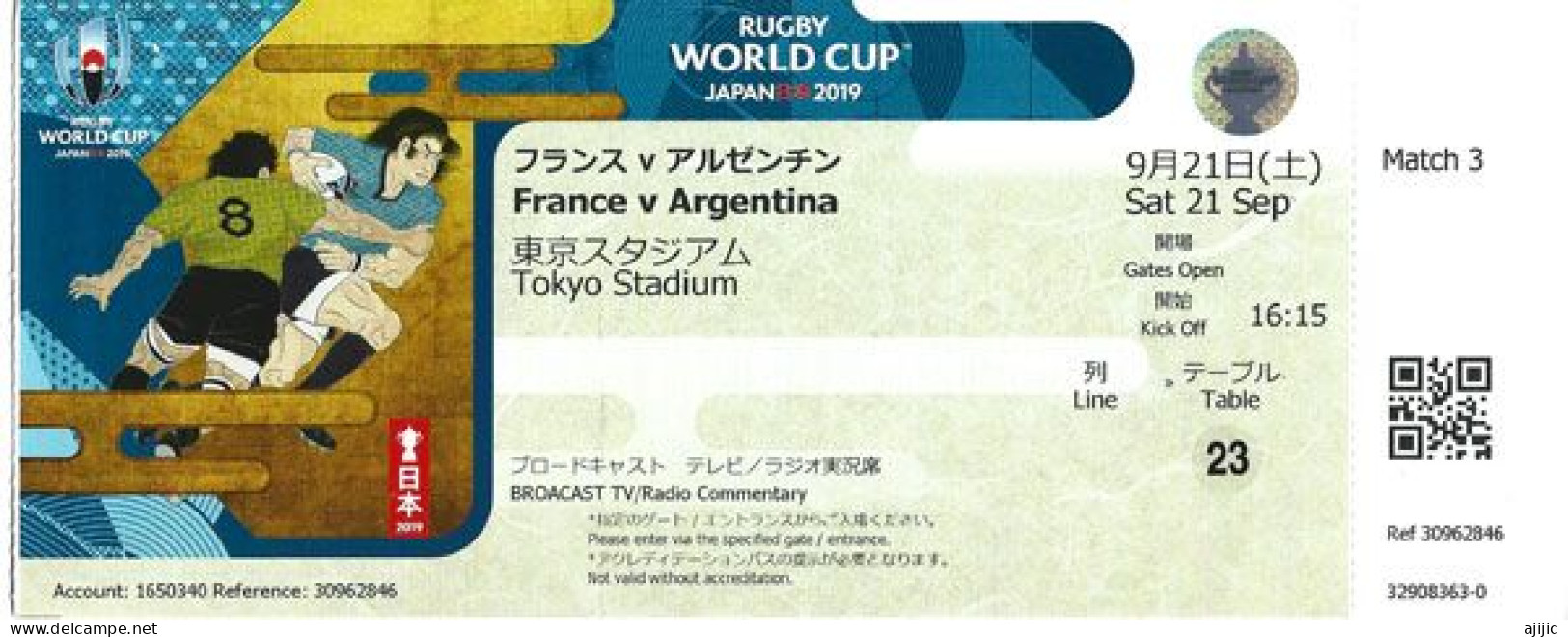 Rugby World Cup Japan 2019.  Match France Vs Argentina. Tokyo Stadium 21 Sept.Ticket Broadcast TV/Radio Commentary - Rugby