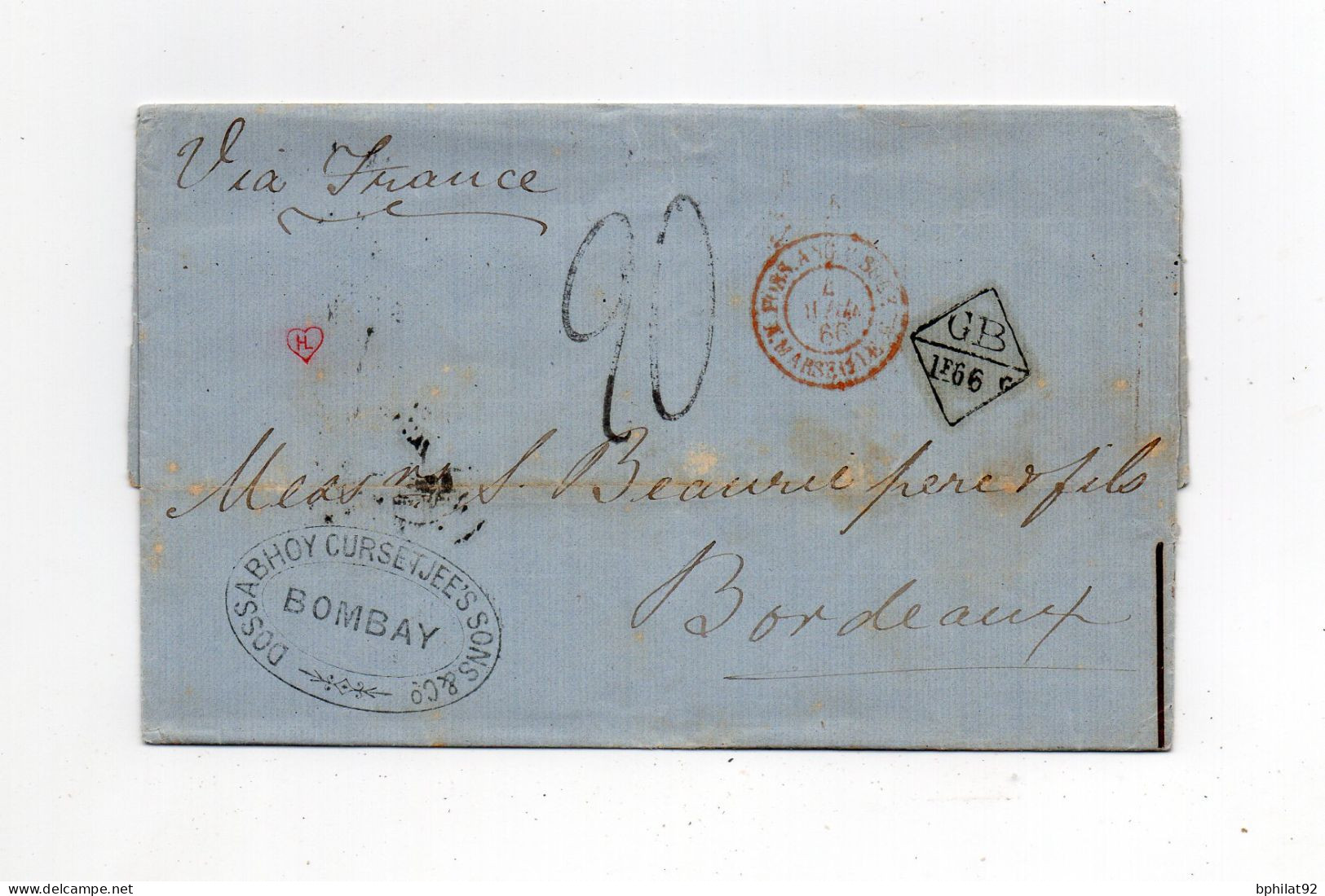 !!! INDE, LETTRE DE BOMBAY DE 1866 POUR BORDEAUX, AFFRANCH PAYE EN NUMERAIRE ? AVEC TEXTE - 1858-79 Crown Colony