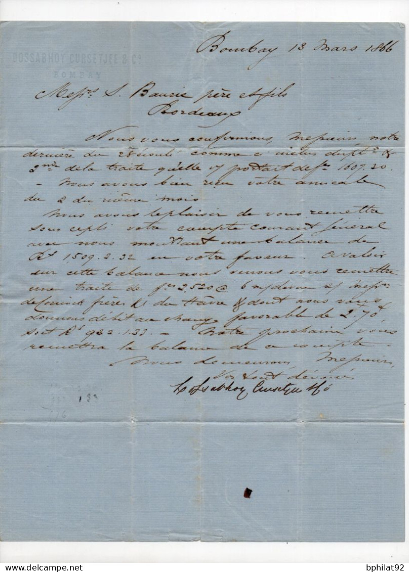 !!! INDE, LETTRE DE BOMBAY DE 1866 POUR BORDEAUX, AFFRANCH PAYE EN NUMERAIRE ? AVEC TEXTE - 1858-79 Crown Colony