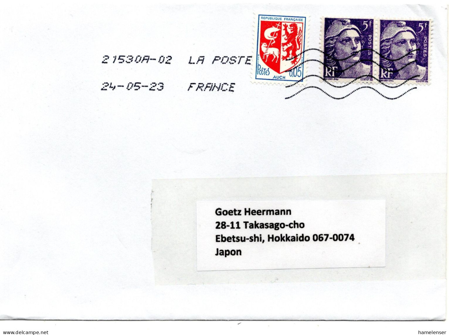 66854 - Frankreich - 2023 - 2@5F Gandon MiF A Bf 21530A-02 -> Japan - Covers & Documents