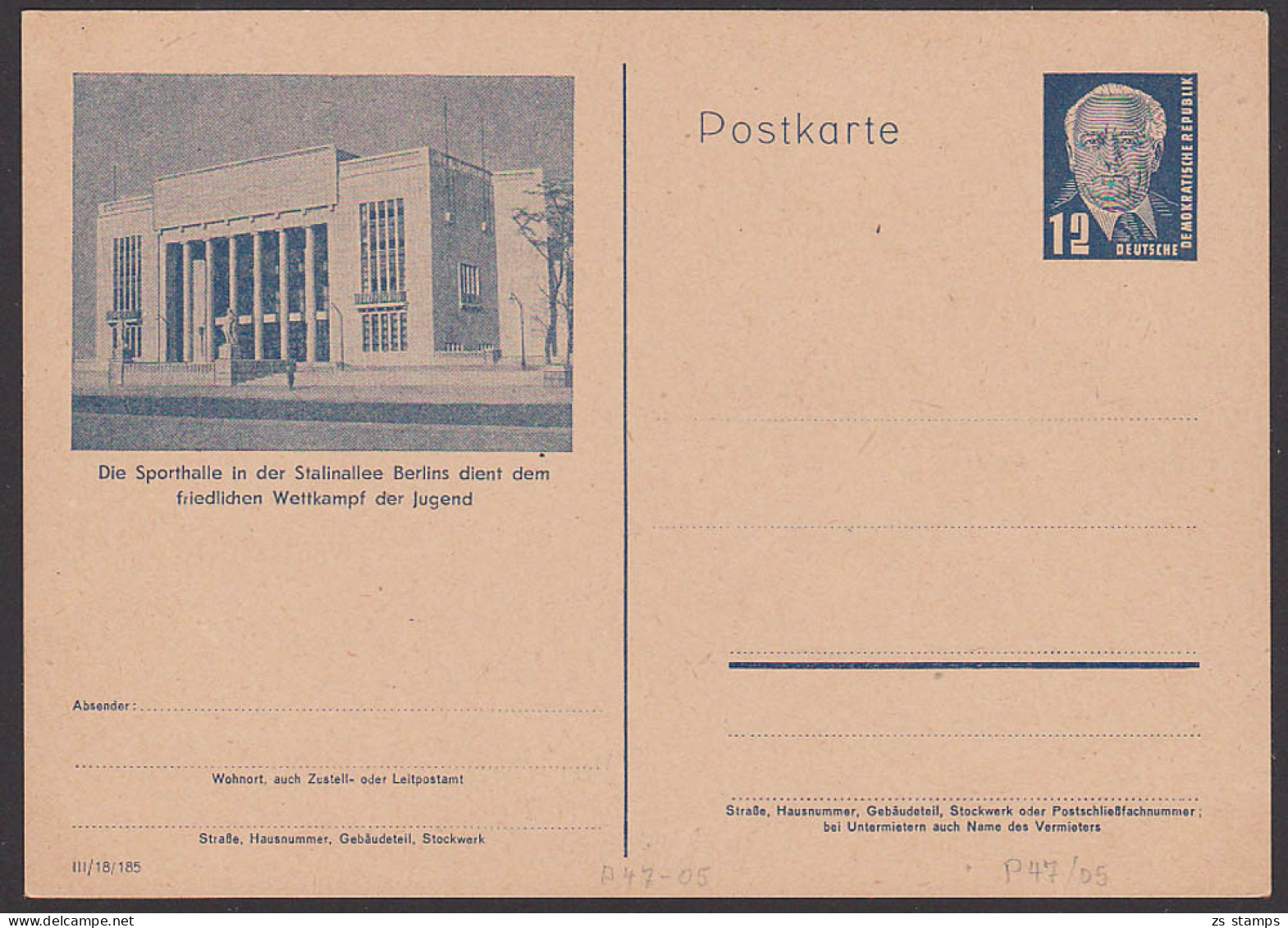 Bildpostkarte GA Wilhelm Pieck P47/05 Sporthalle Berlin Stalinallee Ungebraucht - Cartes Postales - Neuves