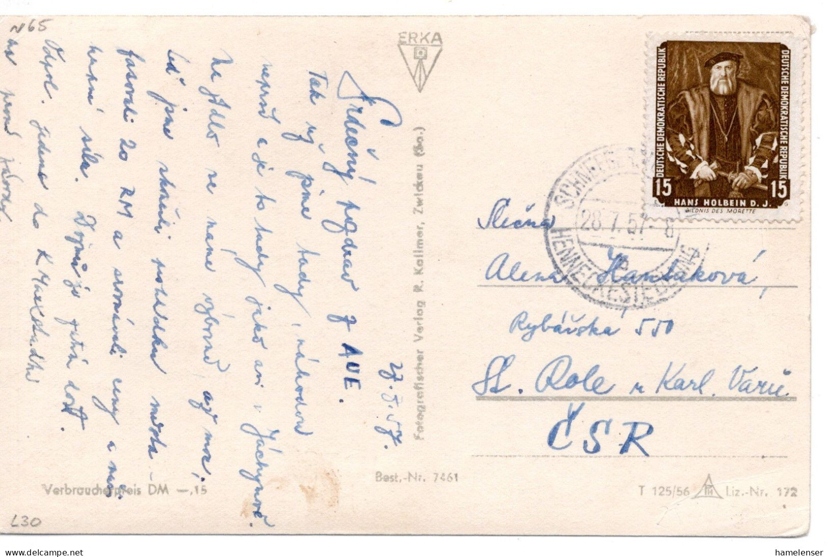 66870 - DDR - 1957 - 15Pfg Gemaelde EF A AnsKte SCHNEEBERG -> Tschechoslowakei - Storia Postale