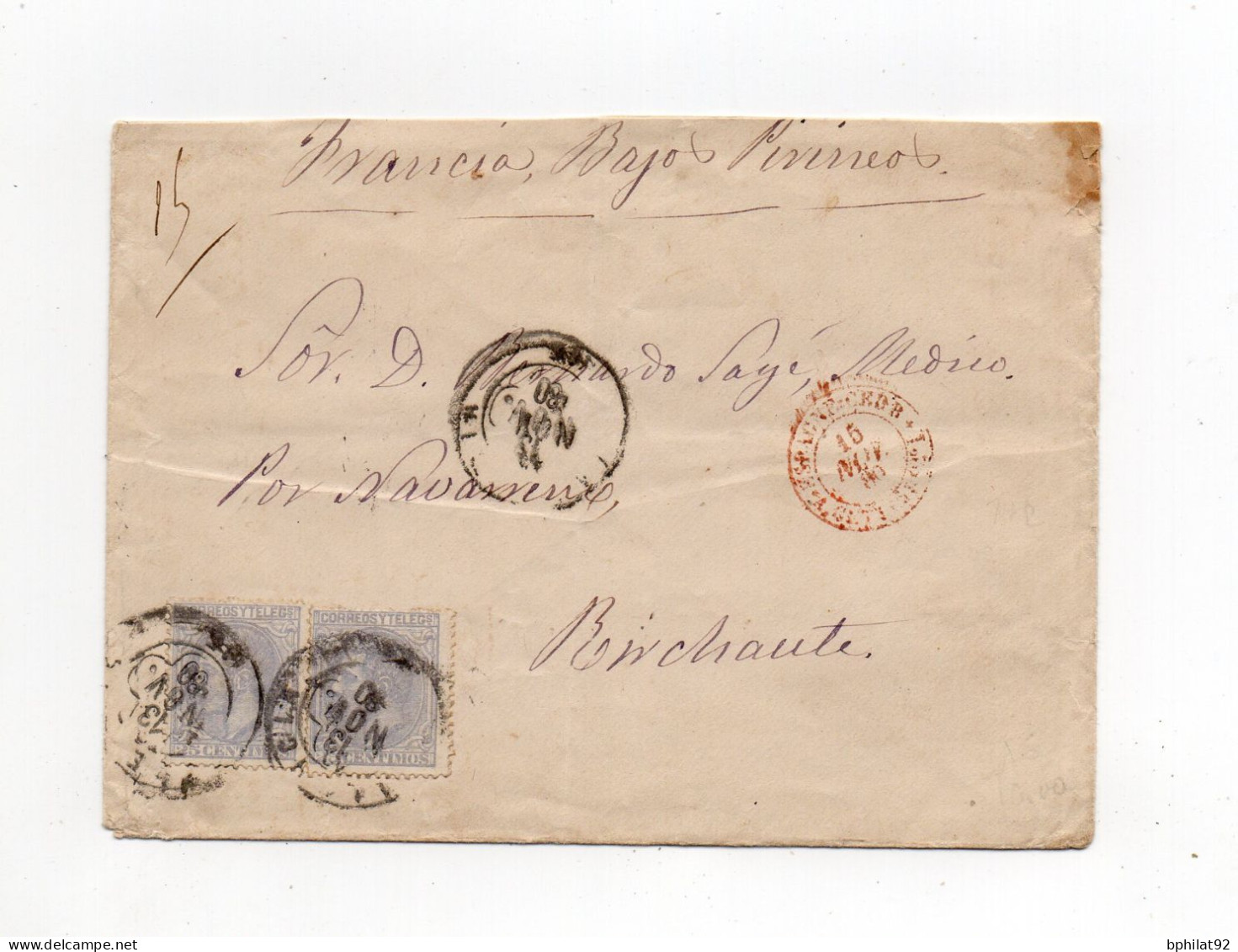 !!! ESPAGNE, LETTRE DE 1880 POUR LA FRANCE, MARQUE D'ENTREE EN ROUGE - Covers & Documents