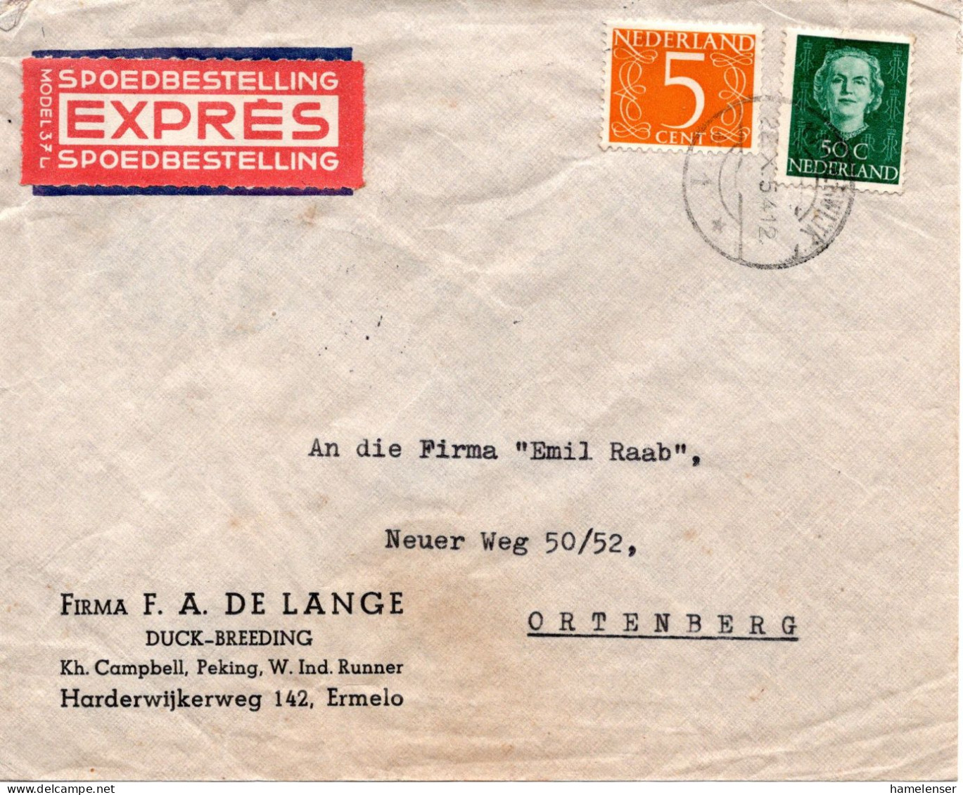 66880 - Niederlande - 1954 - 50c Juliana MiF A EilBf HARDERWIJK -> Westdeutschland - Covers & Documents