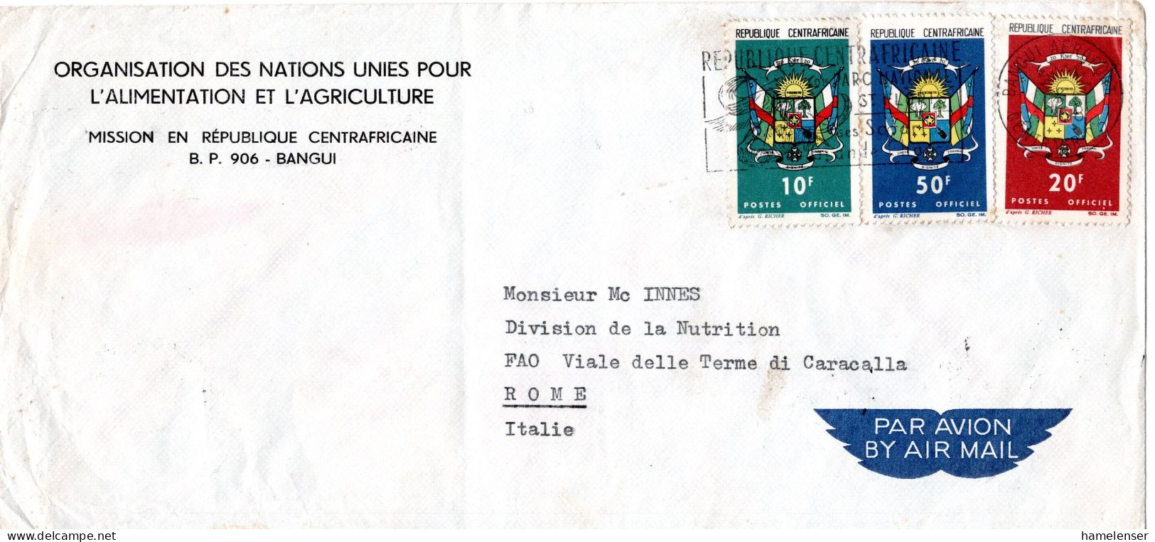 L66883 - Zentralafrika - 1968 - 50F Dienst MiF A LpBf BANGUI - ... -> Italien, Abs: UN-Ernaehrungsorganisation - UNO