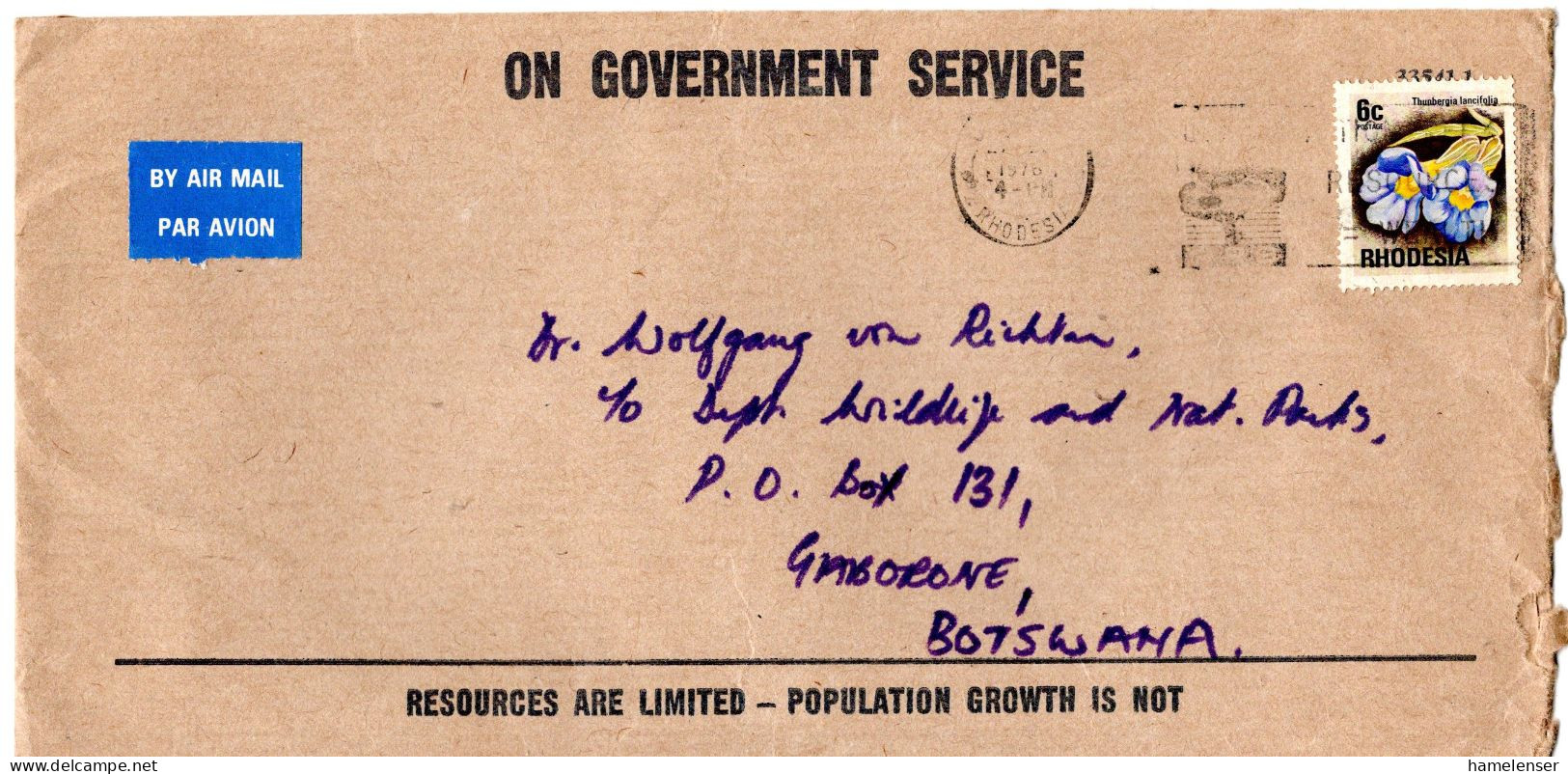 L66885 - Rhodesien - 1976 - 6¢ Blumen EF A LpBf SALISBURY -> Botswana - Rhodesia (1964-1980)