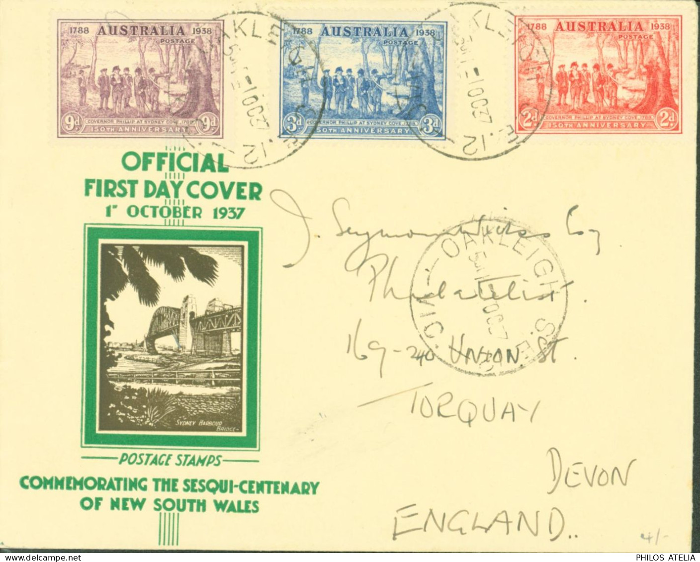 Australie New South Wales Official First Day Cover 1 10 1937 Commemorating The Sesqui Centenary Of NSW Oakleigh Victoria - Storia Postale