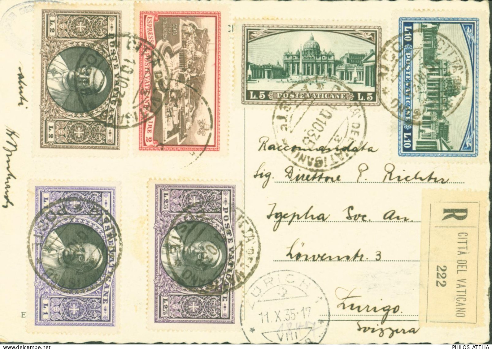 Rare Carte Postale En Recommandé Citta Del Vaticano YT 53 55 56 57 58 + Express N°3 CAD 10 10 35 Arrivée Zurich - Brieven En Documenten