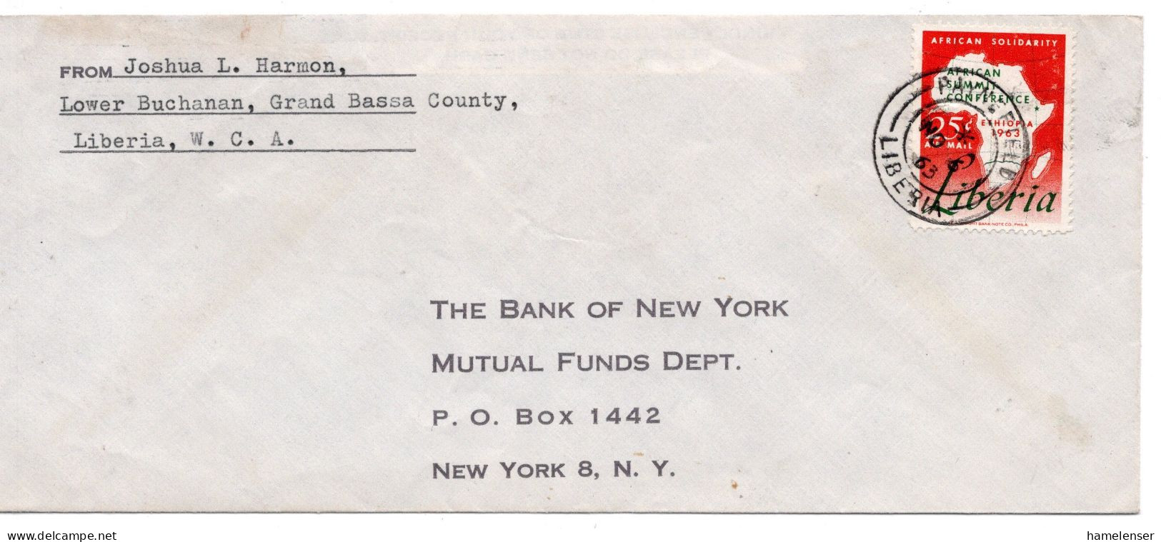 66888 - Liberia - 1963 - 25¢ Afrikanische Solidaritaet EF A Bf PAYNE FIELD -> New York, NY (USA) - Liberia