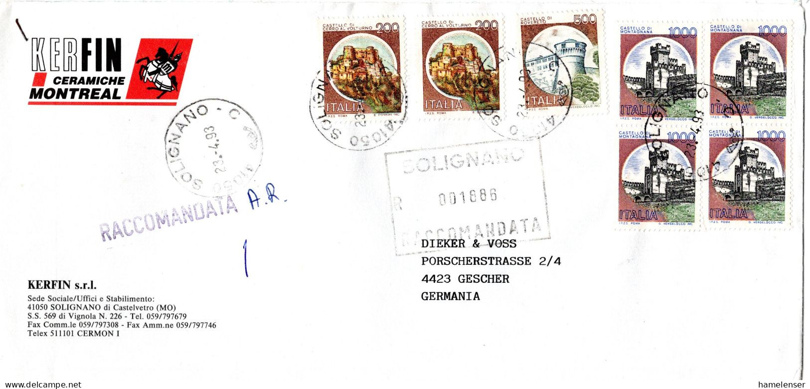 L66892 - Italien - 1993 - 4@1000Lire Burgen MiF A R-RSchBf SOLIGNANO -> Deutschland - 1991-00: Poststempel
