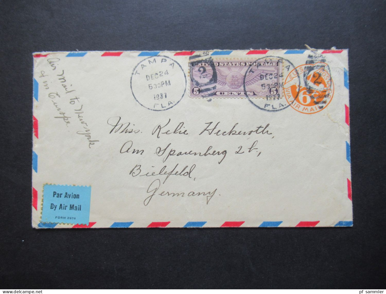 USA 1937 GA Umschlag Mit Flugpostmarke Stempel Tampa Handschriftlich Air Mail To New York / Mit Inhalt - Covers & Documents