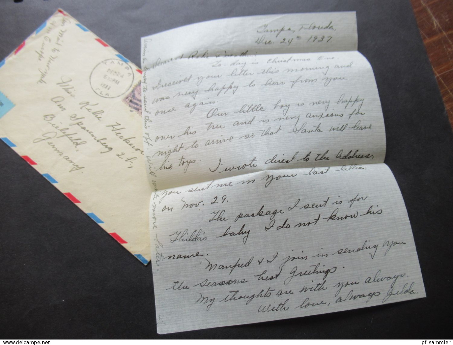 USA 1937 GA Umschlag Mit Flugpostmarke Stempel Tampa Handschriftlich Air Mail To New York / Mit Inhalt - Brieven En Documenten