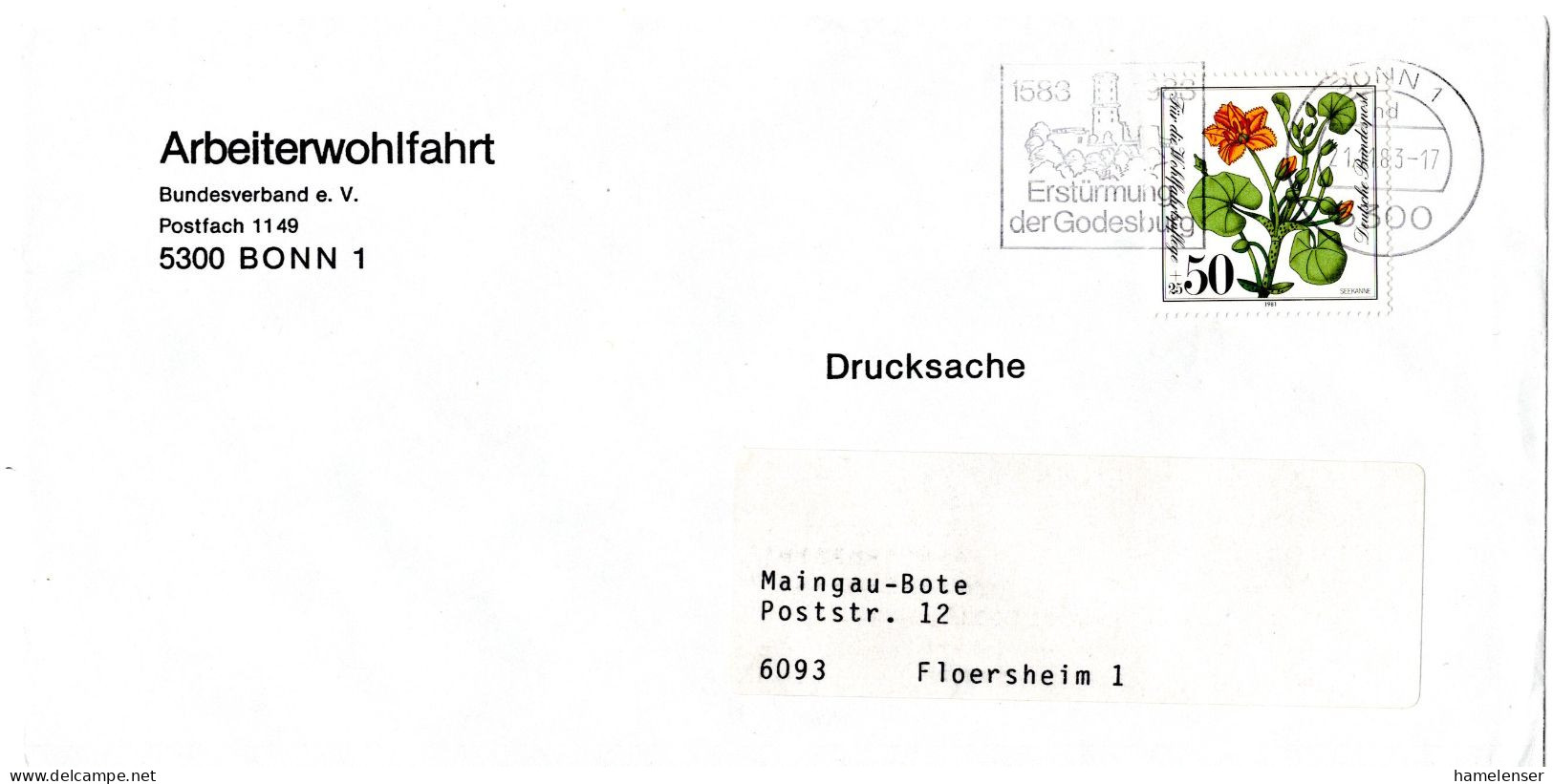 L66895 - Bund - 1983 - 50Pfg WoFa '81 EF A DrucksBf BONN - ... GODESBURG -> Floersheim - Briefe U. Dokumente