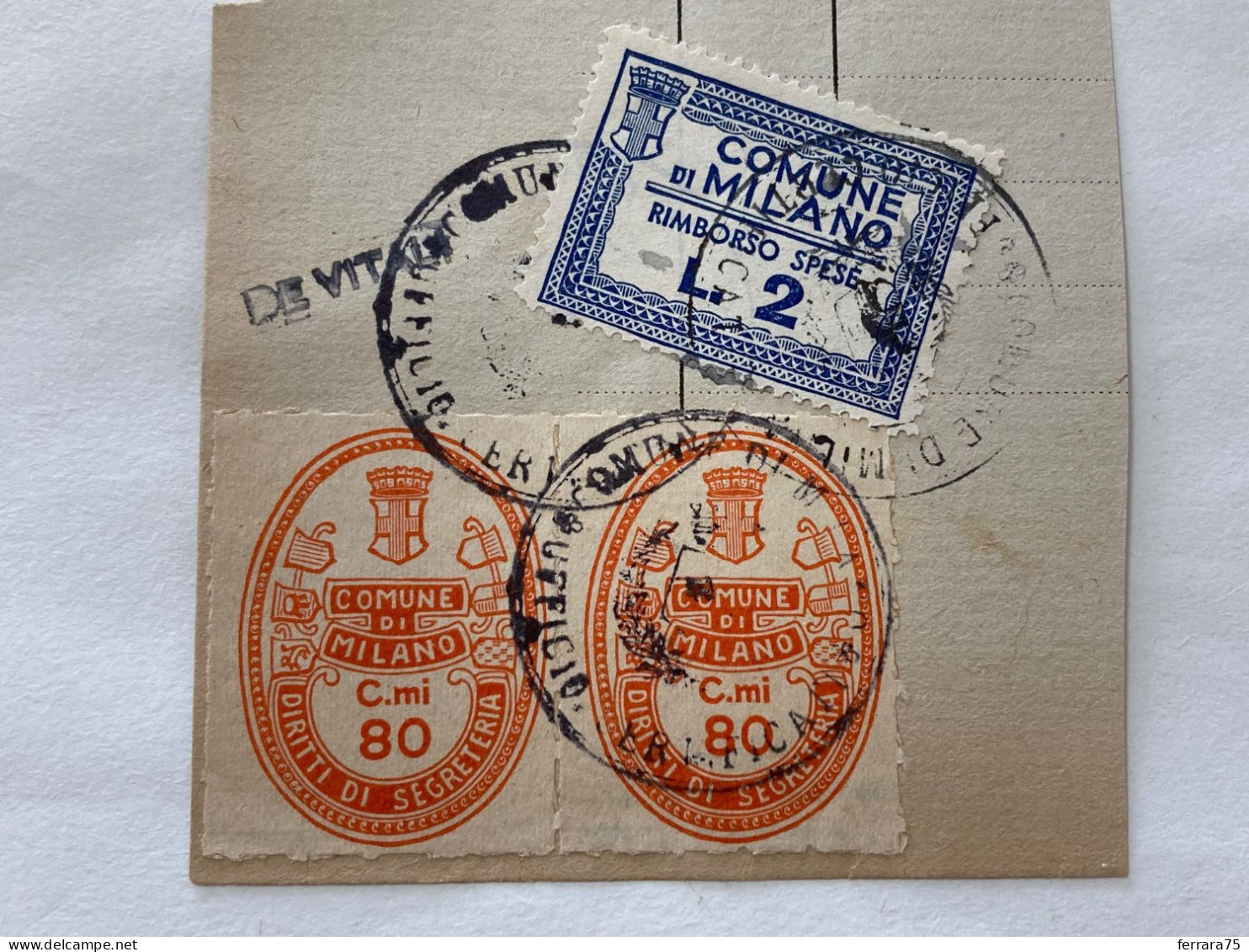 MARCA DA BOLLO SU FRAMMENTO DIRITTI DI SEGRETERIA  COMUNE DI MILANO-1 - Revenue Stamps