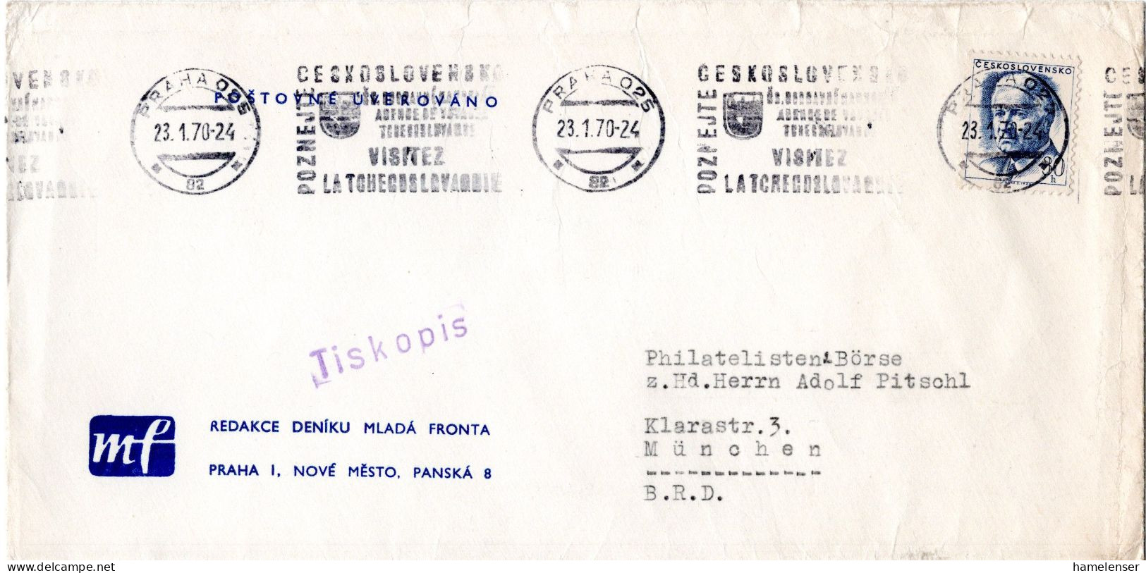 L66897 - Tschechoslowakei - 1970 - 30h '68 EF A DrucksBf PRAHA - POZNEJTE ... -> Westdeutschland - Cartas & Documentos