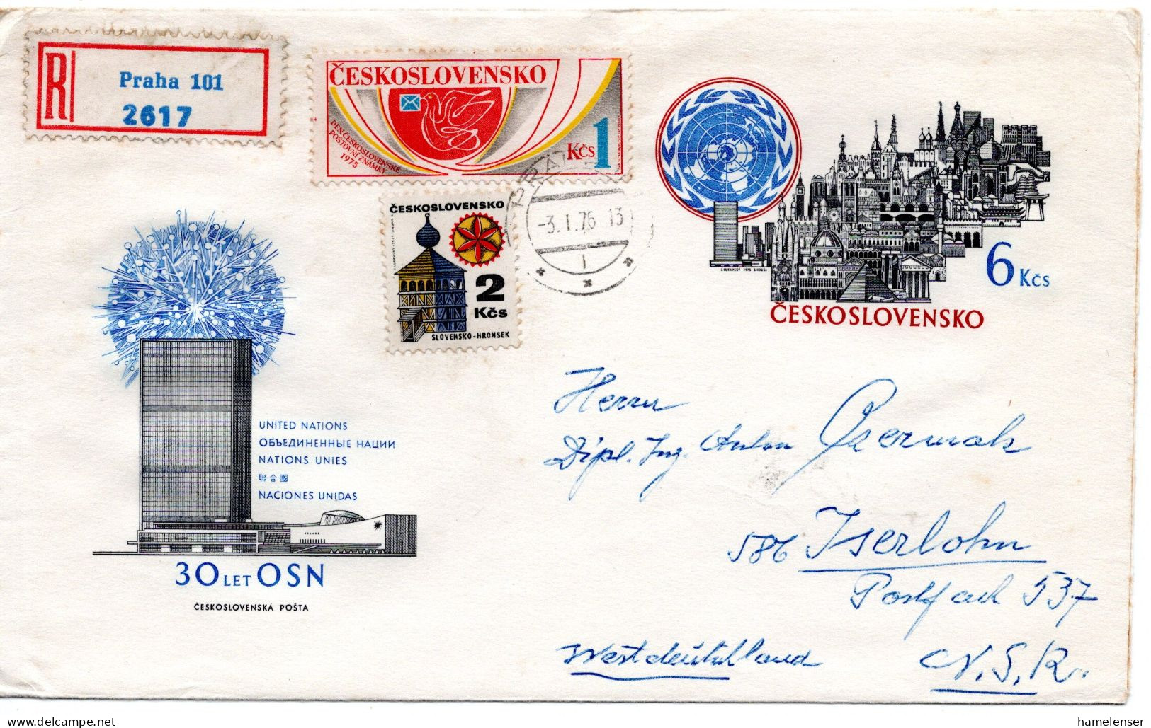 66898 - Tschechoslowakei - 1976 - 6Kcs "UNO" SoGAUmschl M ZusFrankatur Als R-Bf PRAHA -> Westdeutschland - Lettres & Documents