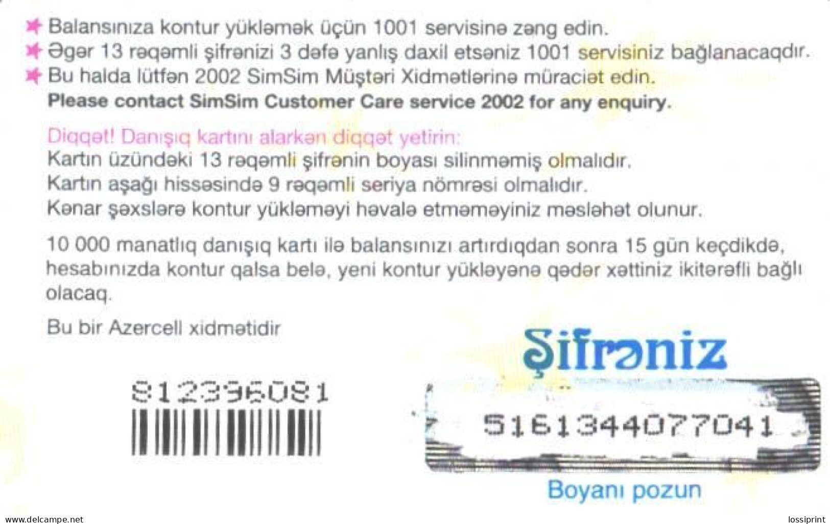 Azerbaijan:Used Phonecard, SimSim, Sifronis, 10000 Manat, Calendar - Aserbaidschan