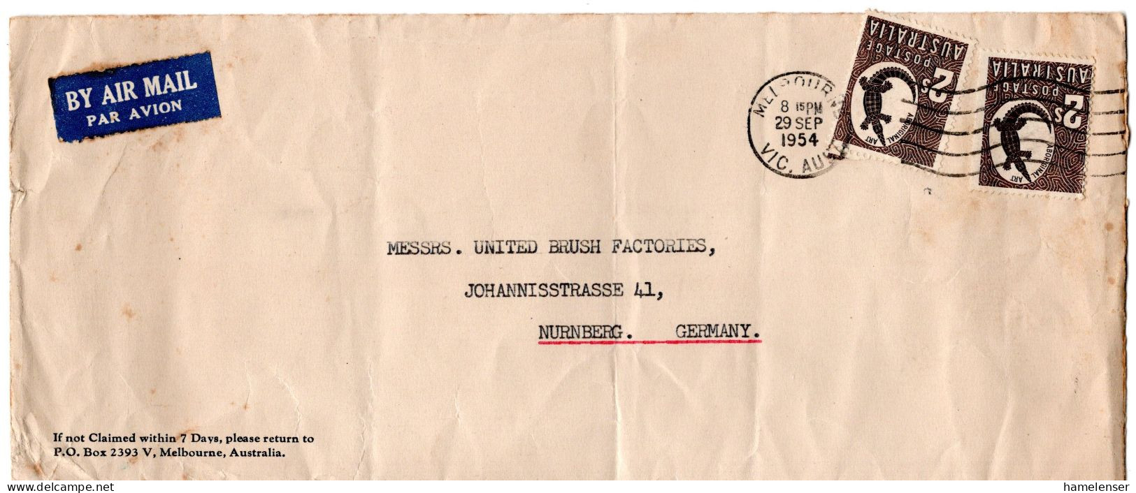 L66912 - Australien - 1954 - 2@2'- Aborigine-Kunst A LpBf MELBOURNE -> Westdeutschland - Lettres & Documents