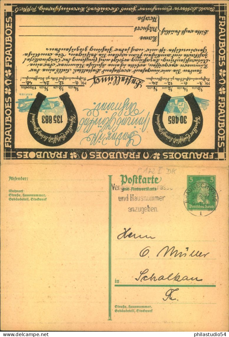 1927, Lottere Doppelkarte, Frageteil Gebraucht Ab BRAUNSCHWEIG - Sonstige & Ohne Zuordnung