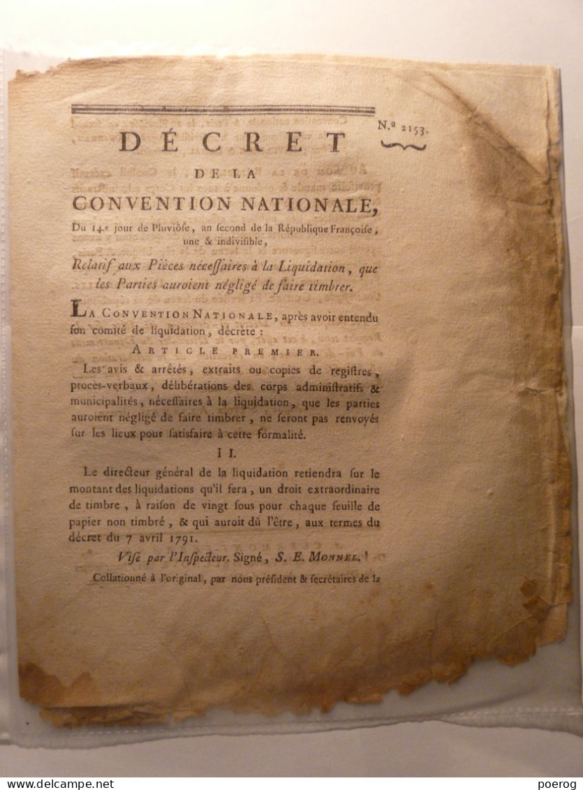 DECRET CONVENTION NATIONALE Du 14 PLUVIOSE AN II (2 FEVRIER 1794) - TIMBRE PIECE NECESSAIRE LIQUIDATION - Gesetze & Erlasse