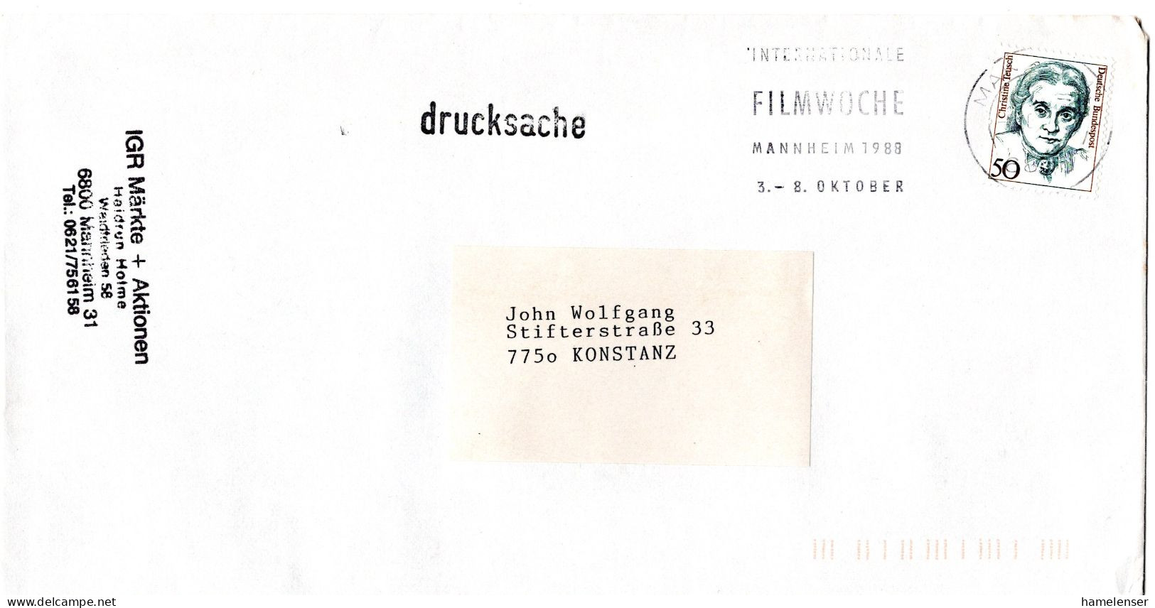 L66916 - Bund - 1988 - 50Pfg Frauen EF A DrucksBf MANNHEIM - INTERNATIONALE FILMWOCHE ... -> Konstanz - Kino