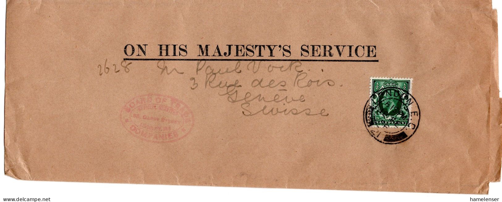 L66919 - Grossbritannien - 1936 - 1/2d KGV EF A Streifband LONDON -> Schweiz - Cartas & Documentos