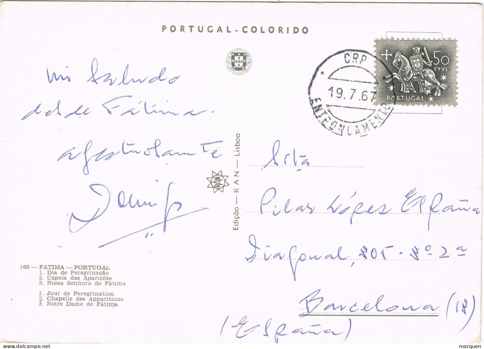 50517. Postal ENTRONCAMENTO. Santarem (Portugal)  1967. Vista Peregrinacion Fatima - Covers & Documents