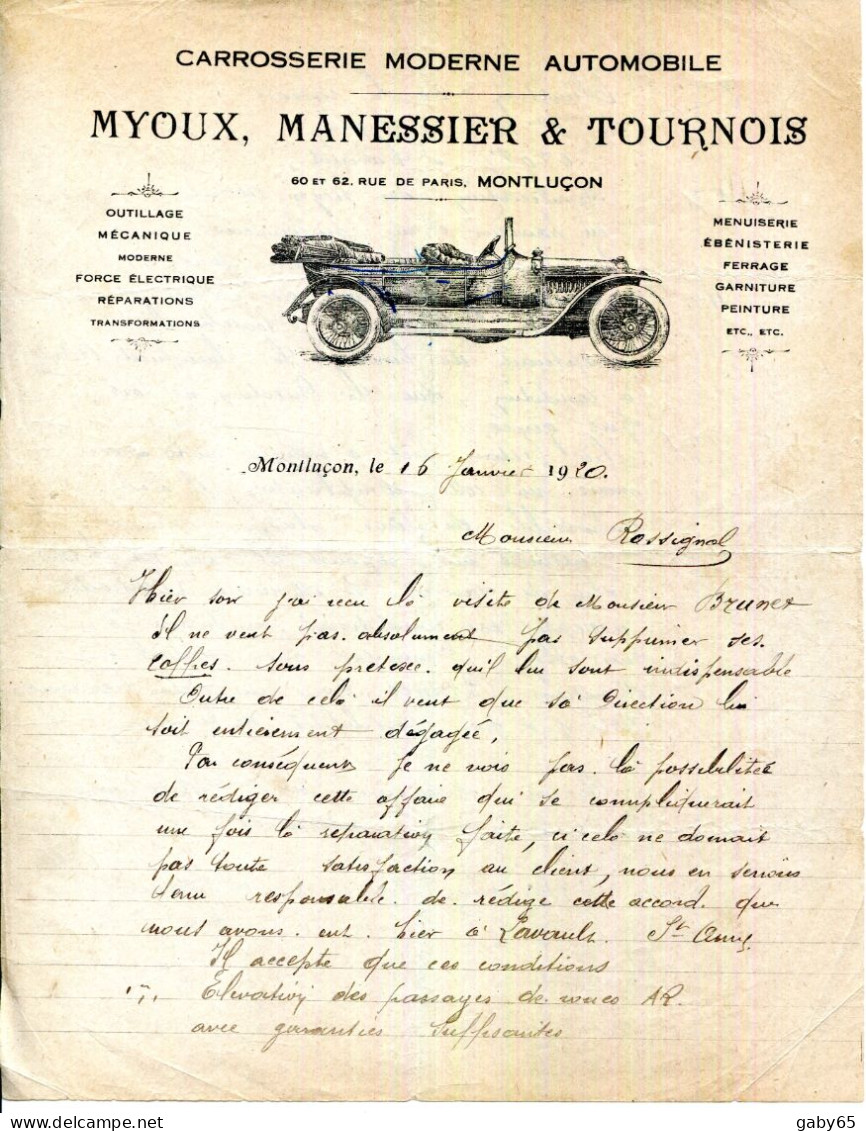 FACTURE.03.ALLIER.MONTLUÇON.CARROSSERIE AUTOMOBILE.MYOUX,MANESSIER & TOURNOIS 60 & 62 RUE DE PARIS. - Automobil