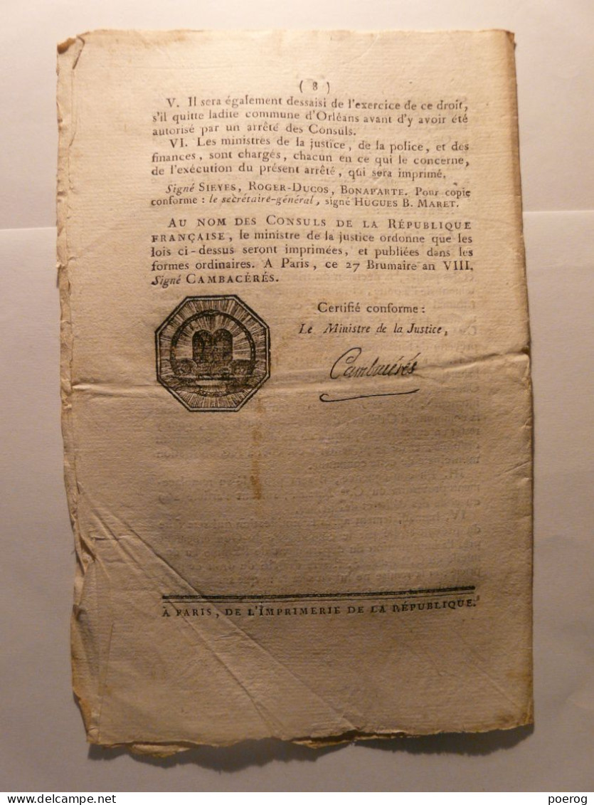 BULLETIN DES LOIS De BRUMAIRE AN VIII (1799) - SERMENT FONCTIONNAIRES PUBLICS - JURES PROCES CRIMINEL - TRIBUNAL YONNE - Decrees & Laws